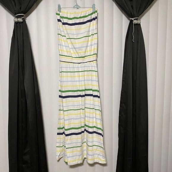 OldNavy green/yellow/blue striped strapless Maxi - Picture 1 of 5